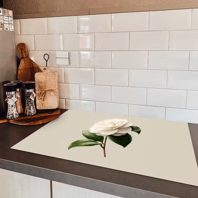 Cameliabloem - Wit - Groen Inductie beschermer vinyl 3mm klein -sfeer3