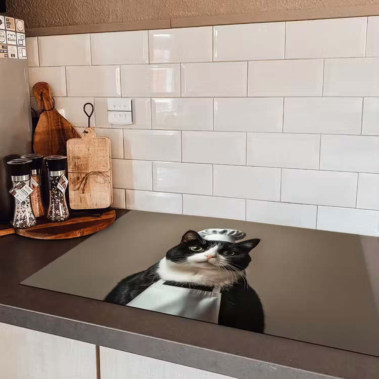 Kat - Kokskleding - Zwart - Wit Inductie beschermer vinyl 3mm klein -sfeer3