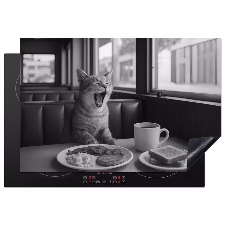 Kat - Koffie - Brood - Zwart Inductie beschermer vinyl 3mm klein -3d
