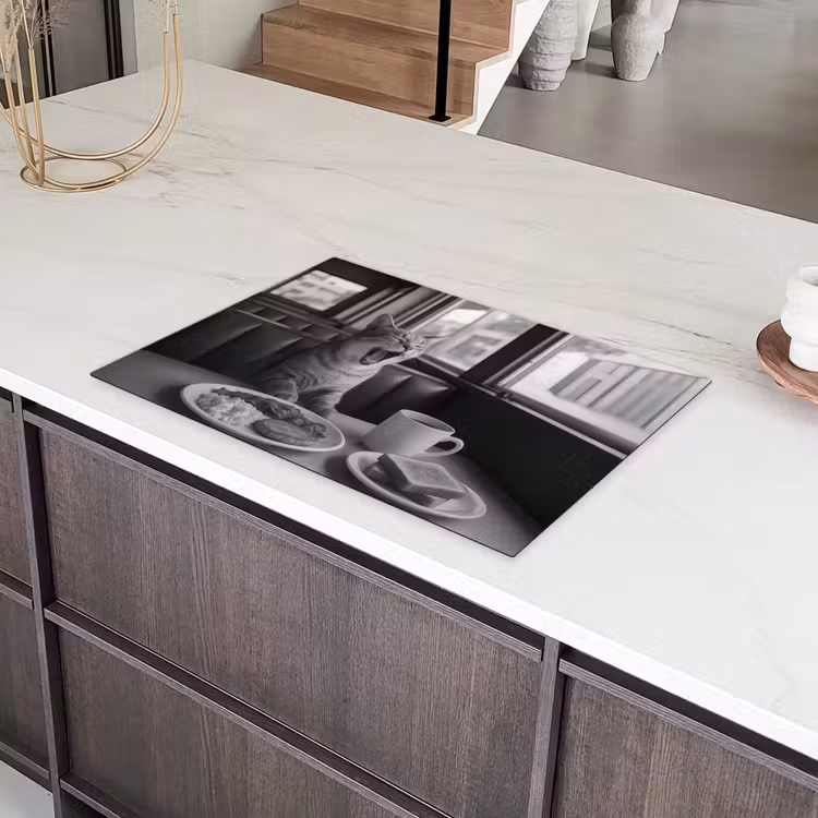 Kat - Koffie - Brood - Zwart Inductie beschermer vinyl 3mm klein -sfeer8