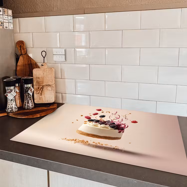 Cheesecake - Eten - Roze - Taart Inductie beschermer vinyl 3mm klein -sfeer3