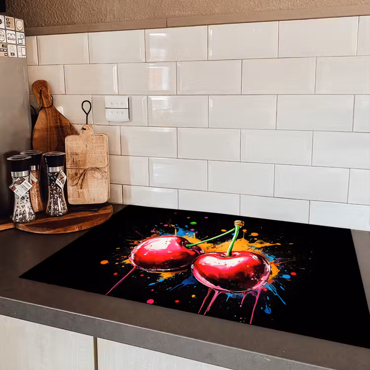 Kersen - Fruit - Graffiti - Verf - Abstract - Modern - Kleurrijk Inductie beschermer vinyl 3mm klein -sfeer3