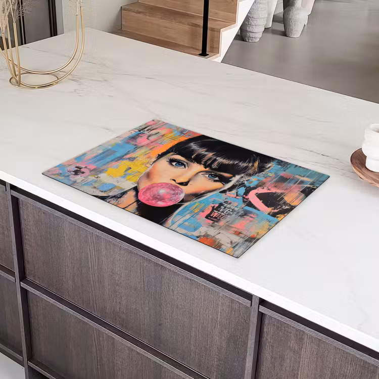 Kauwgom - Vrouw - Penseelstreken - Modern Inductie beschermer vinyl 3mm klein -sfeer8