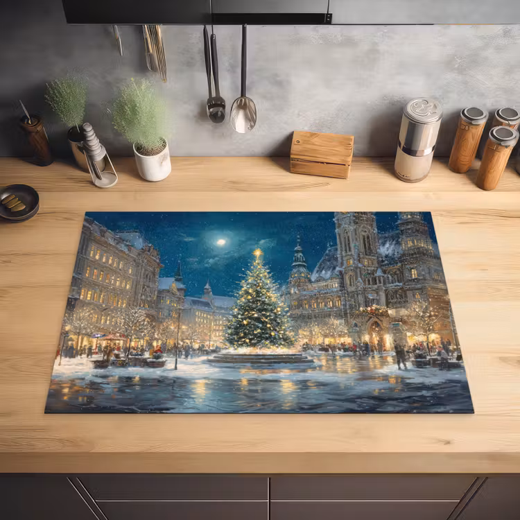 Kerstnacht - Stadsplein - Meerkleurig Inductie beschermer vinyl 3mm klein -sfeer5