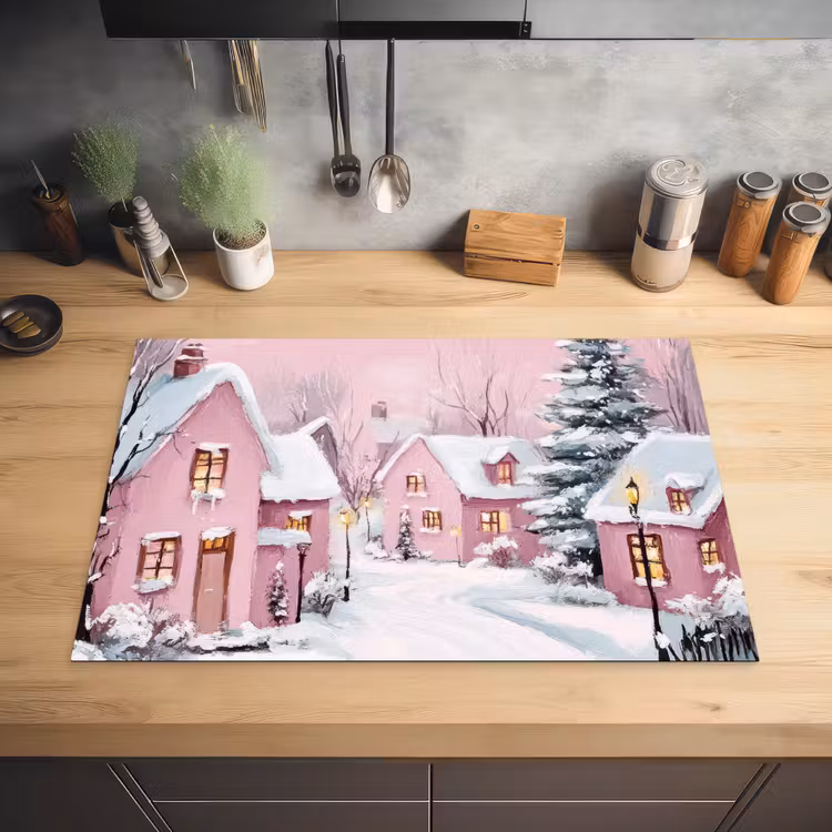 Kerstdorp - Roze - Winter - Sneeuw - Huizen Inductie beschermer vinyl 3mm klein -sfeer5