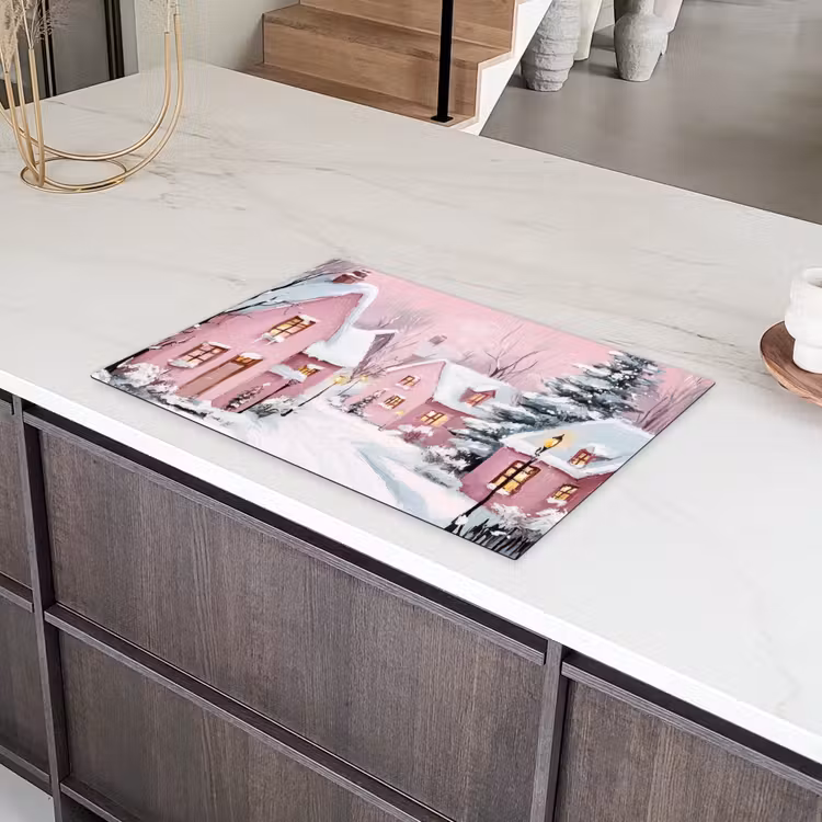Kerstdorp - Roze - Winter - Sneeuw - Huizen Inductie beschermer vinyl 3mm klein -sfeer8