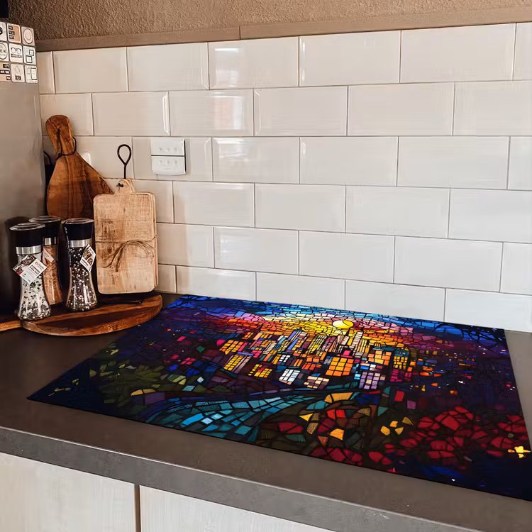 Stad - Maan - Mozaïek - Kleurrijk Inductie beschermer vinyl 3mm klein -sfeer3