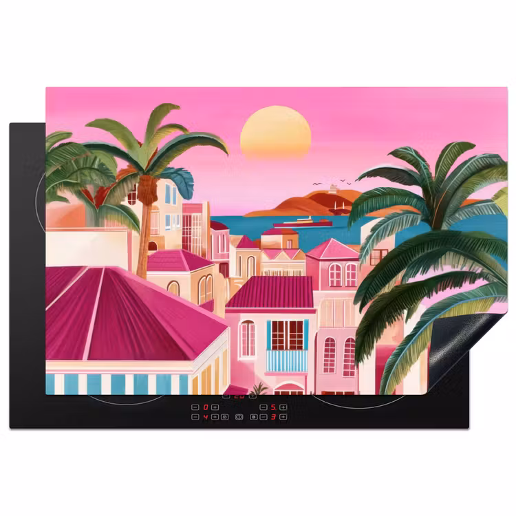 Stad - Roze - Palmbomen Inductie beschermer vinyl 3mm klein -3d