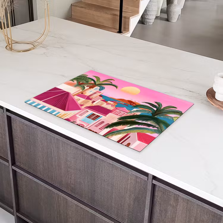 Stad - Roze - Palmbomen Inductie beschermer vinyl 3mm klein -sfeer8