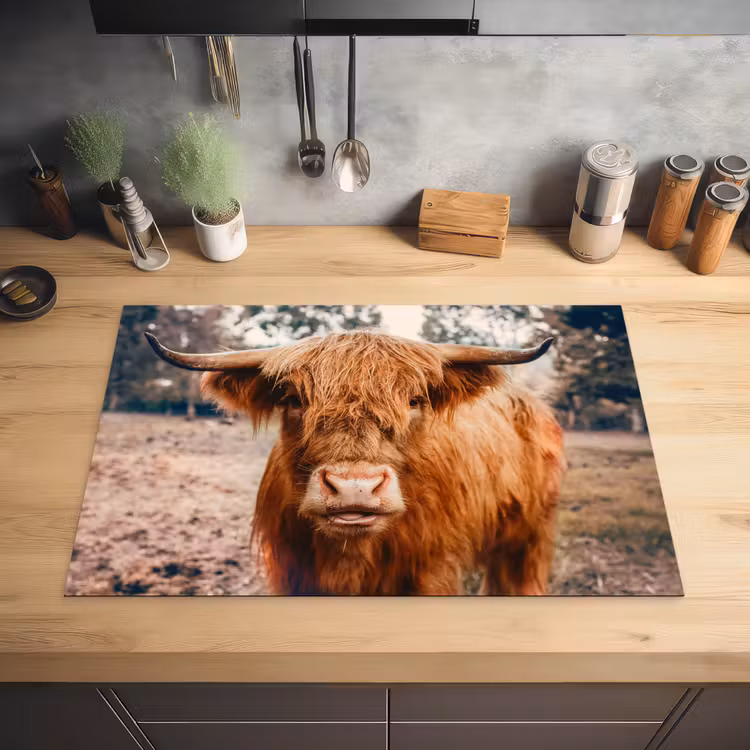 Koe- Schotse hooglander - Hoorns - Bruin - Landschap Inductie beschermer vinyl 3mm klein -sfeer5