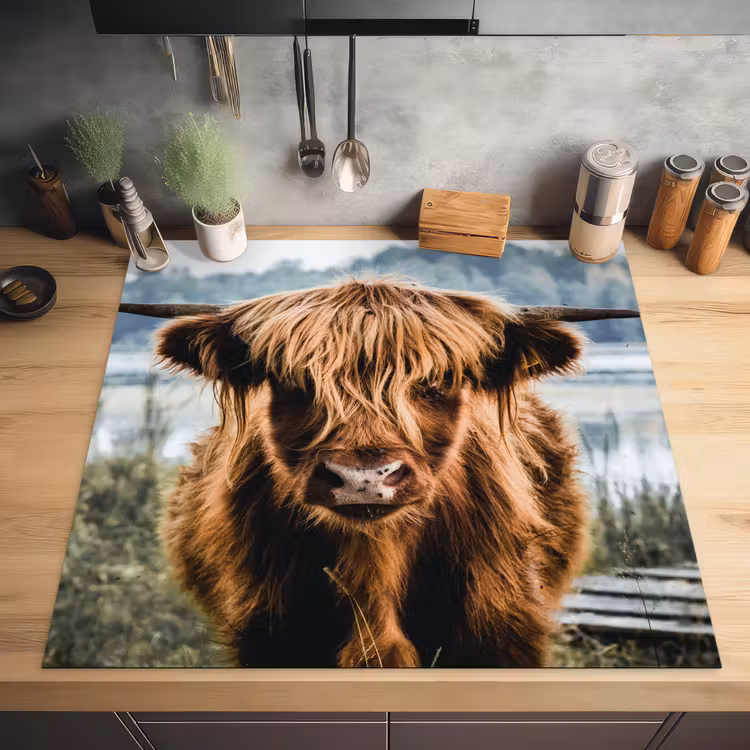 Koeien - Schotse hooglander - Bruin - Natuur Inductie beschermer vinyl 3mm middel -sfeer5