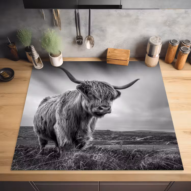 Koeien - Schotse hooglander - Natuur - Dieren - Zwart wit Inductie beschermer vinyl 3mm middel -sfeer5