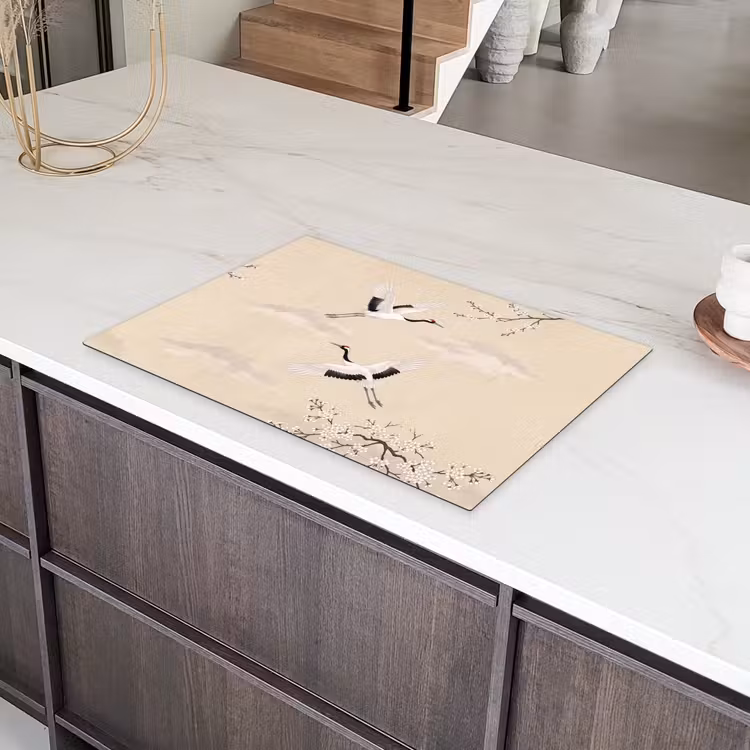 Kraanvogels - Bloesem - Beige Inductie beschermer vinyl 3mm klein -sfeer8