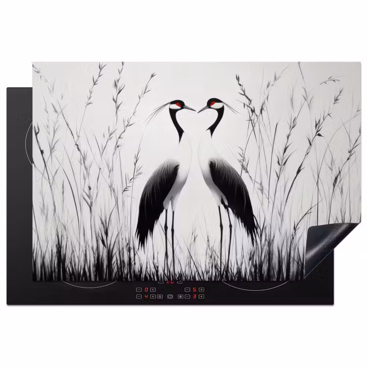 Kraanvogels - Gras - Hartvorm - Zwart Inductie beschermer vinyl 3mm klein -3d