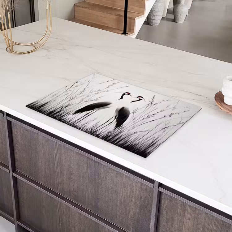 Kraanvogels - Gras - Hartvorm - Zwart Inductie beschermer vinyl 3mm klein -sfeer8