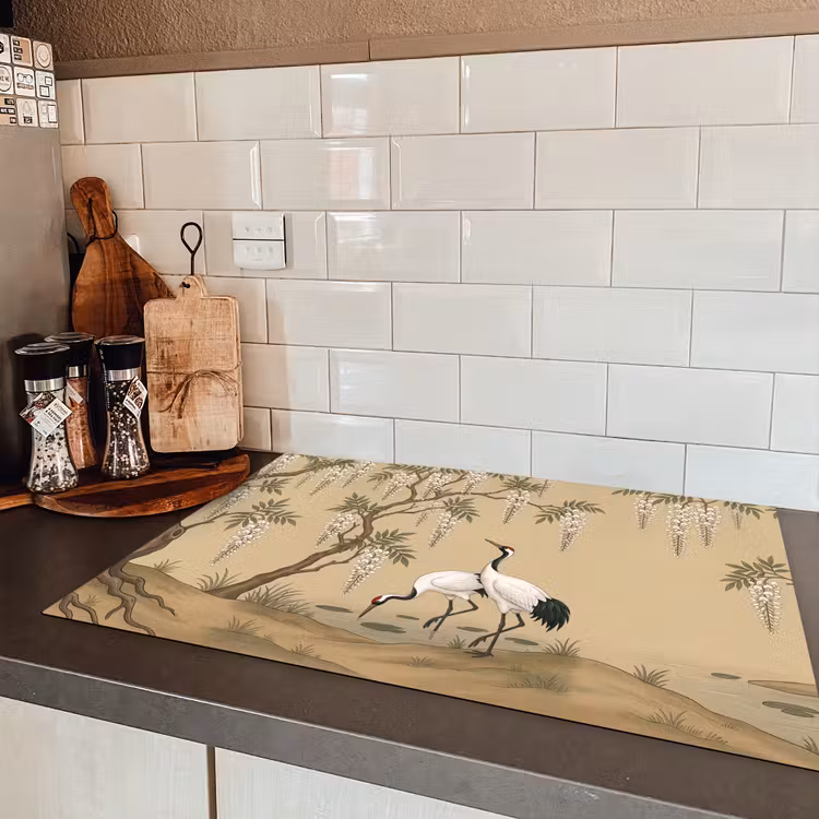 Kraanvogels - Water - Beige Inductie beschermer vinyl 3mm klein -sfeer3