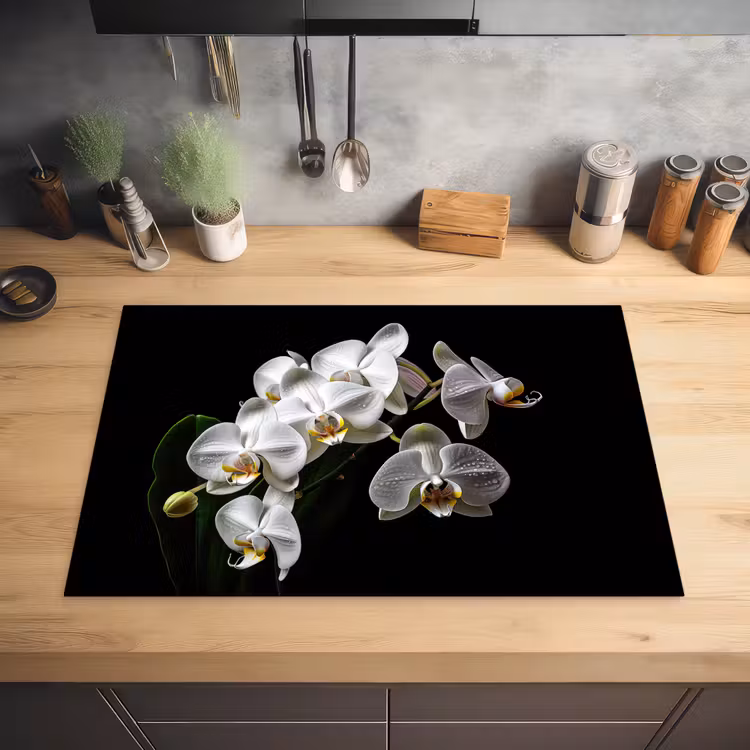 Dauwdruppels op Witte Orchideeën Inductie beschermer vinyl 3mm klein -sfeer5