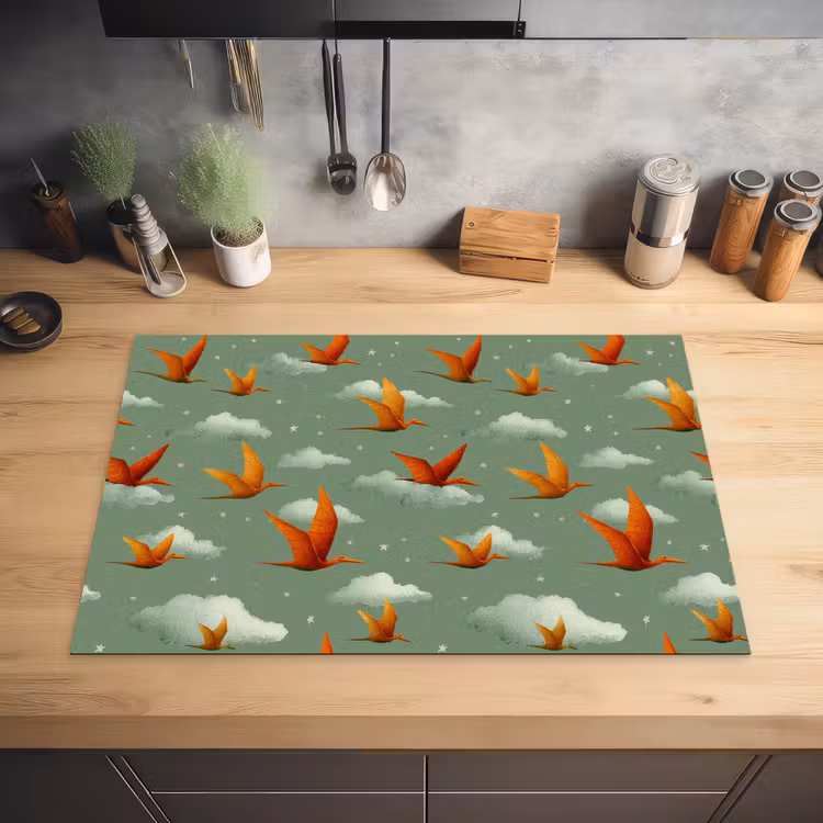 Dinosaurussen - Wolken - Sterren - Oranje Inductie beschermer vinyl 3mm klein -sfeer5
