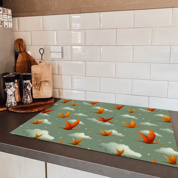 Dinosaurussen - Wolken - Sterren - Oranje Inductie beschermer vinyl 3mm klein -sfeer3