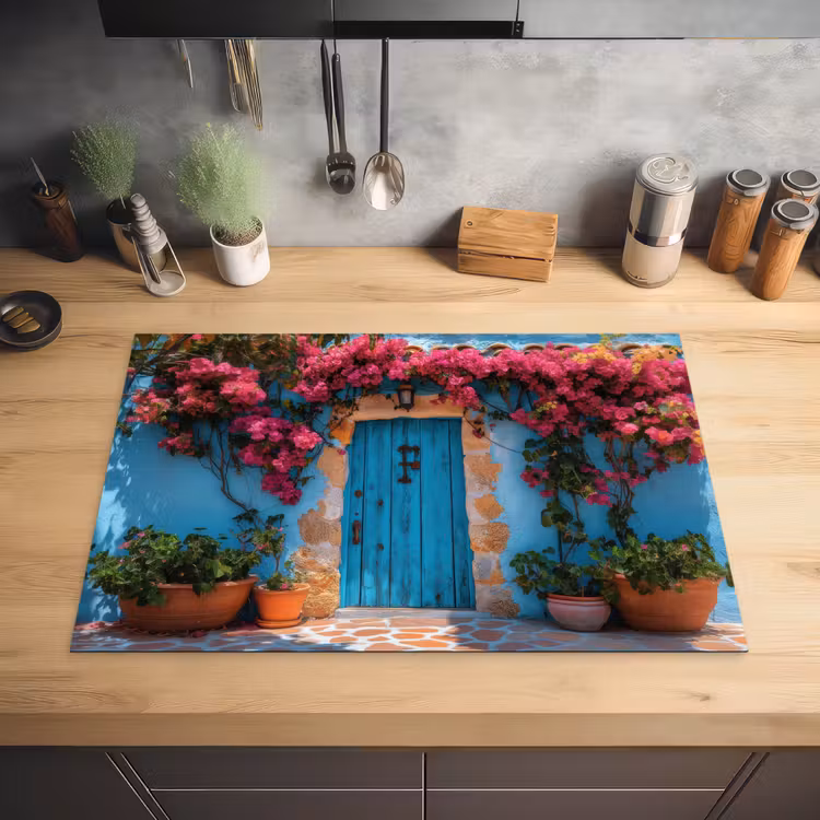 Deur - Hout - Bloemen - Blauw Inductie beschermer vinyl 3mm klein -sfeer5