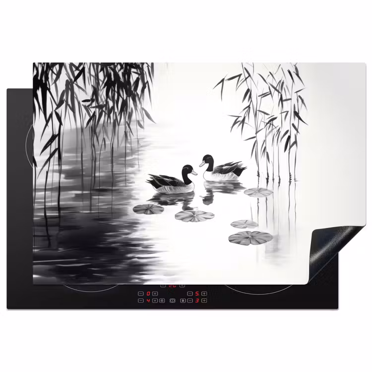 Eenden - Waterlelies - Riet - Zwart Inductie beschermer vinyl 3mm klein -3d