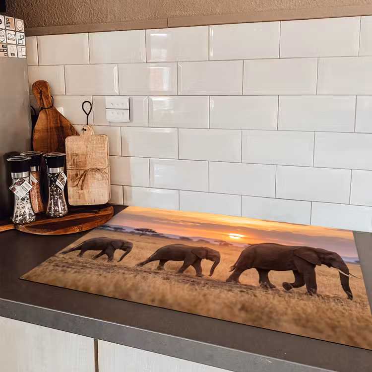 Olifanten - Savanne - Zonsondergang - Afrika - Warm Inductie beschermer vinyl 3mm klein -sfeer3