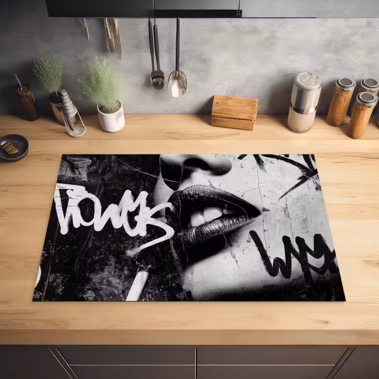 Gezicht - Mond - Graffiti - Zwart Inductie beschermer vinyl 3mm klein -sfeer5