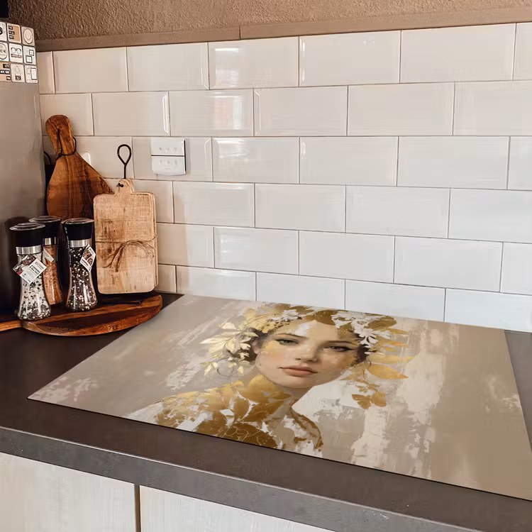 Gezicht - Vrouw - Bladeren - Goud Inductie beschermer vinyl 3mm klein -sfeer3