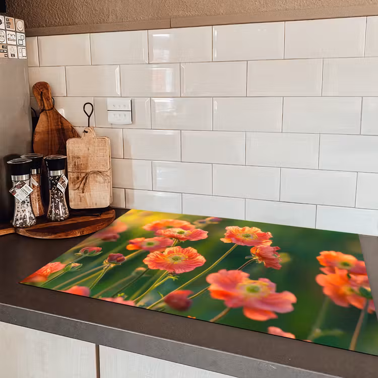 Bloemenveld - Zonnestralen - Oranje Inductie beschermer vinyl 3mm klein -sfeer3
