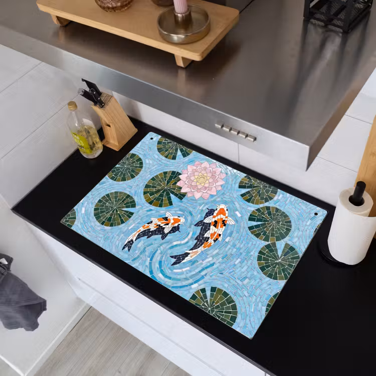 Vis - Water - Natuur - Mozaïek - Blauw Inductie beschemer met haakjes klein -sfeer1