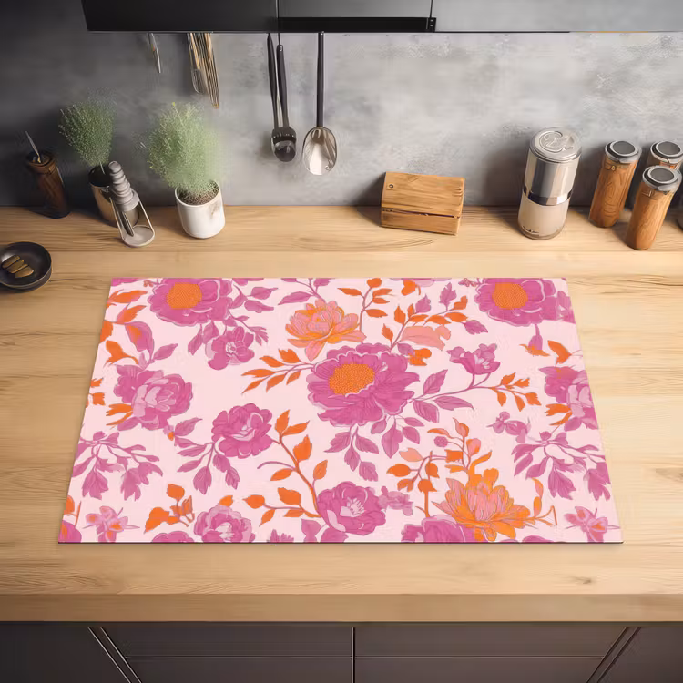 Bloemenpatroon - Roze - Oranje - Bloemen Inductie beschermer vinyl 3mm klein -sfeer5