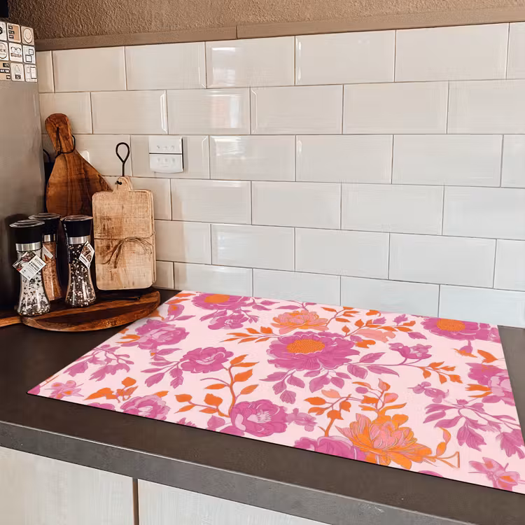 Bloemenpatroon - Roze - Oranje - Bloemen Inductie beschermer vinyl 3mm klein -sfeer3