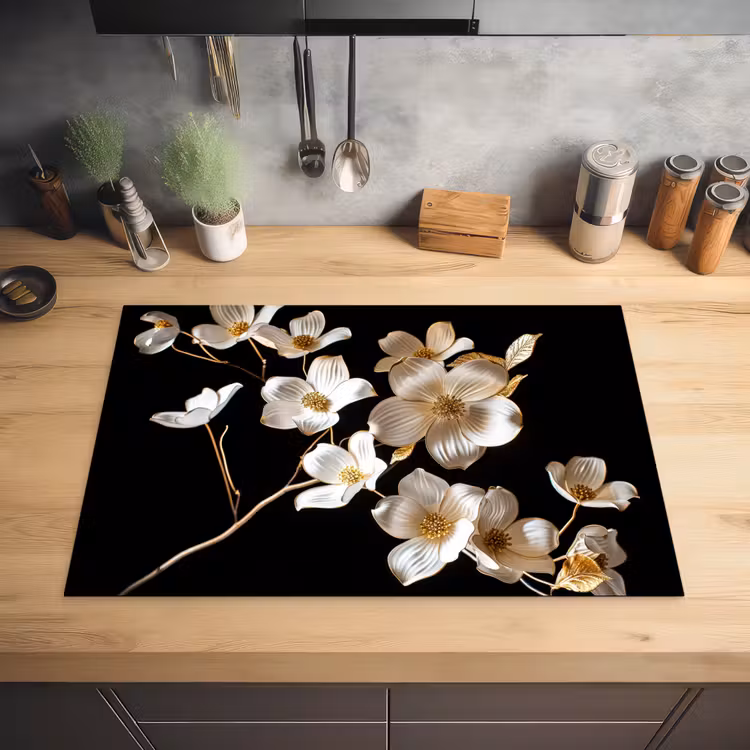 Bloem - Wit - Zwart Inductie beschermer vinyl 3mm klein -sfeer5
