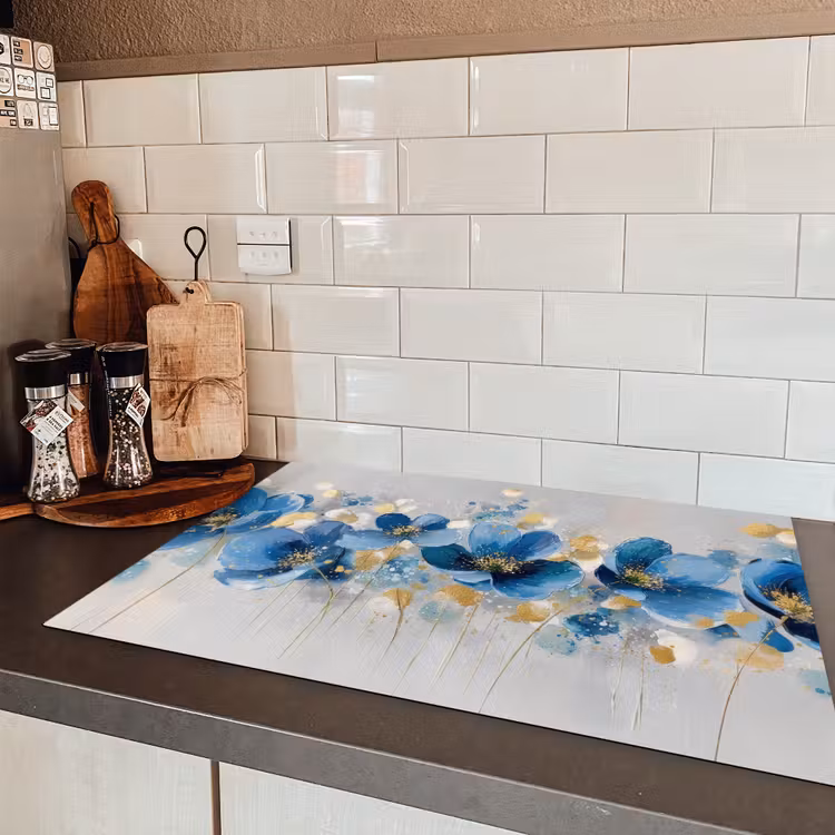 Bloemen - Blauw - Abstract Inductie beschermer vinyl 3mm klein -sfeer3