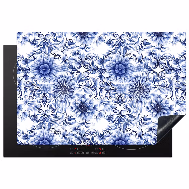 Bloemen - Blauw - Patroon - Wit Inductie beschermer vinyl 3mm klein 276 -3d