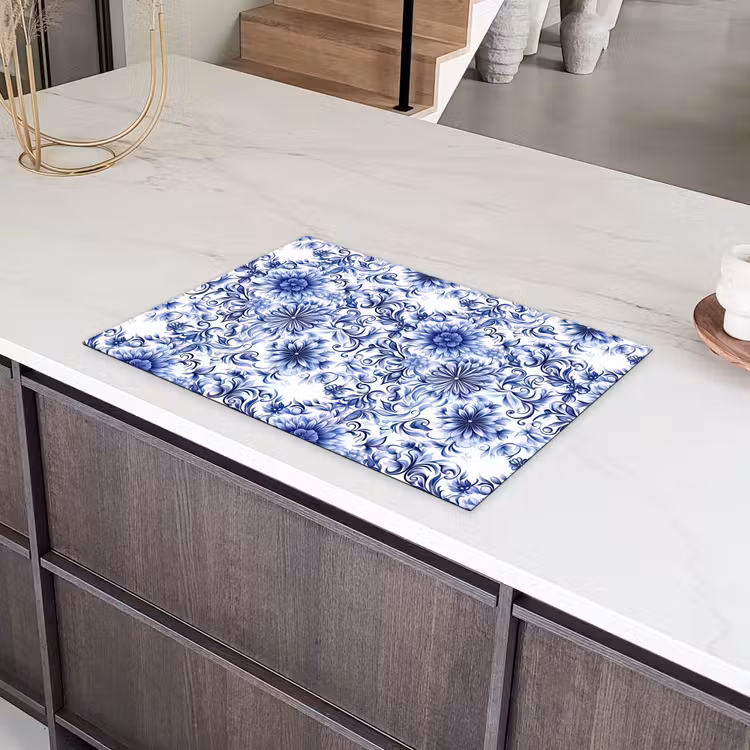Bloemen - Blauw - Patroon - Wit Inductie beschermer vinyl 3mm klein 276 -sfeer8