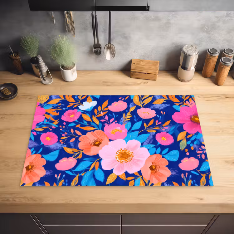 Bloemen - Blauw - Roze Inductie beschermer vinyl 3mm klein -sfeer5