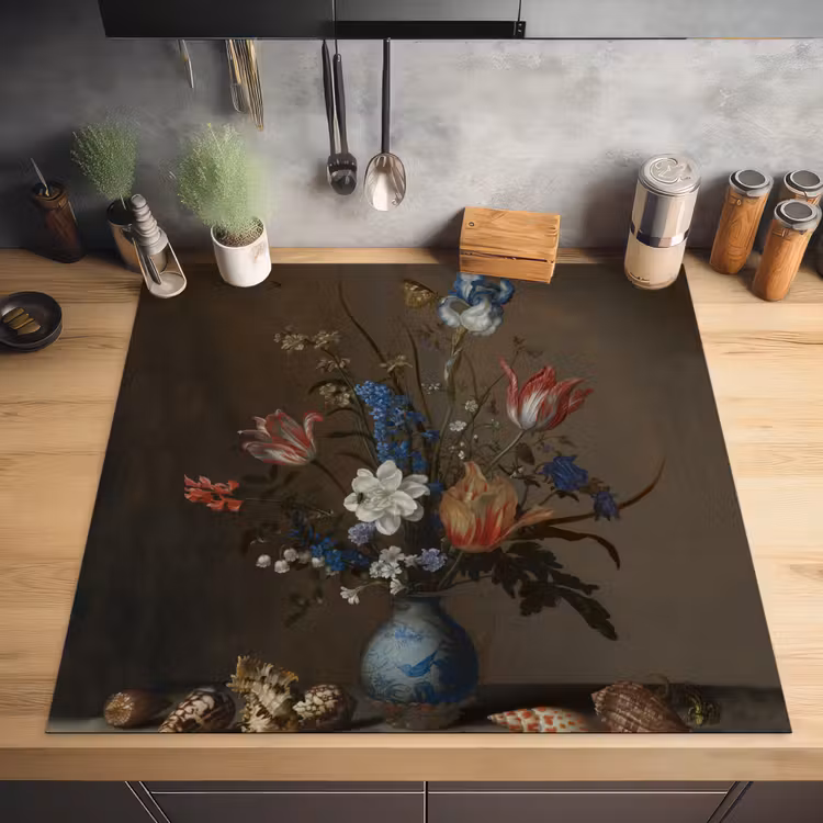 Bloemen in een Wan-Li vaas en schelpen - Schilderij van Balthasar van der Ast Inductie beschermer vinyl 3mm middel -sfeer5