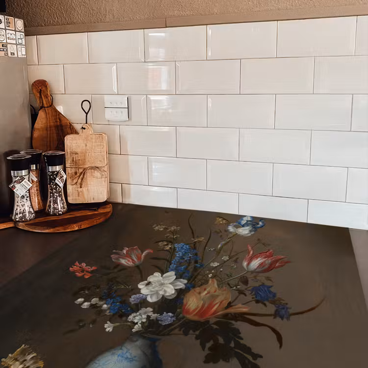 Bloemen in een Wan-Li vaas en schelpen - Schilderij van Balthasar van der Ast Inductie beschermer vinyl 3mm middel -sfeer3