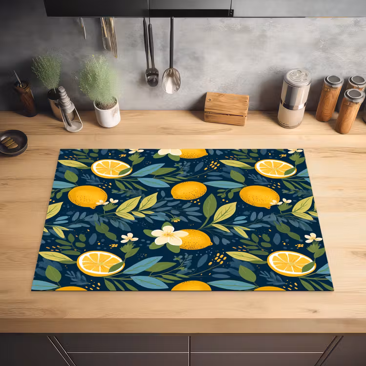 Bloemen - Bladeren - Citroenen - Blauw Inductie beschermer vinyl 3mm klein 276 -sfeer5