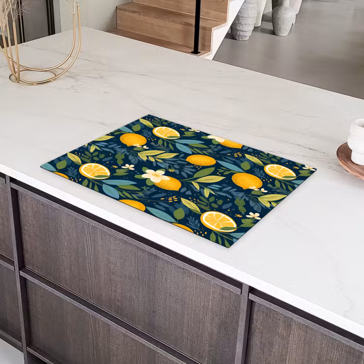 Bloemen - Bladeren - Citroenen - Blauw Inductie beschermer vinyl 3mm klein 276 -sfeer8