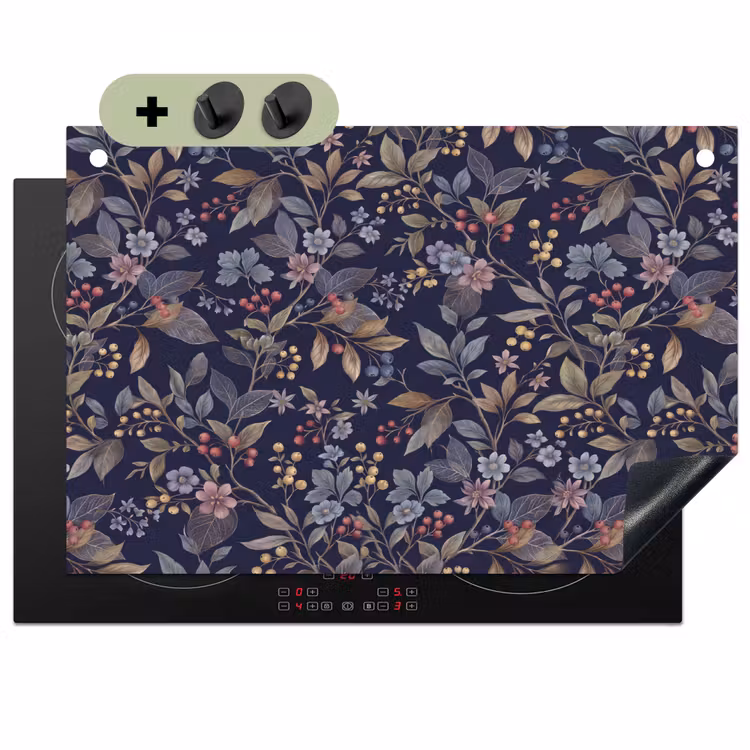 Bloemen - Bladeren - Patroon - Botanisch - Donkerblauw Inductie beschemer met haakjes klein -3d