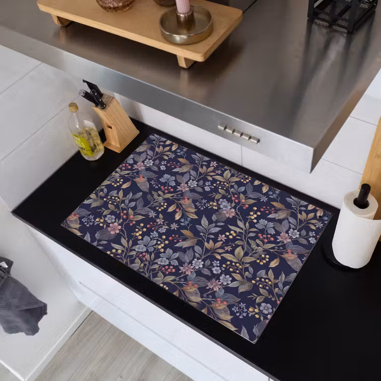 Bloemen - Bladeren - Patroon - Botanisch - Donkerblauw Inductie beschemer met haakjes klein -sfeer1