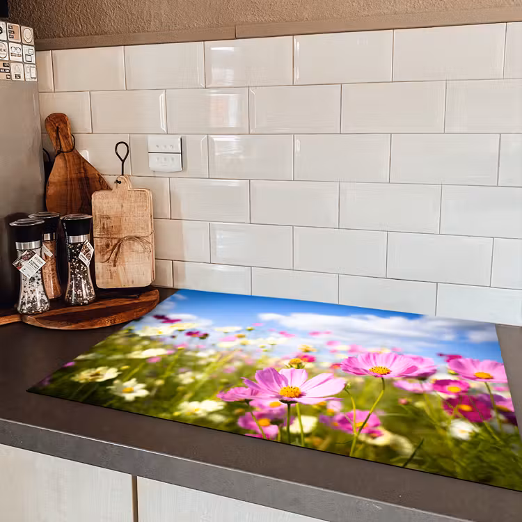 Bloemen - Wei - Paars - Gras - Wit - Wolken - Blauw Inductie beschermer vinyl 3mm klein -sfeer3
