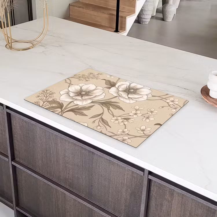 Bloemen - Patroon - Beige Inductie beschermer vinyl 3mm klein -sfeer8