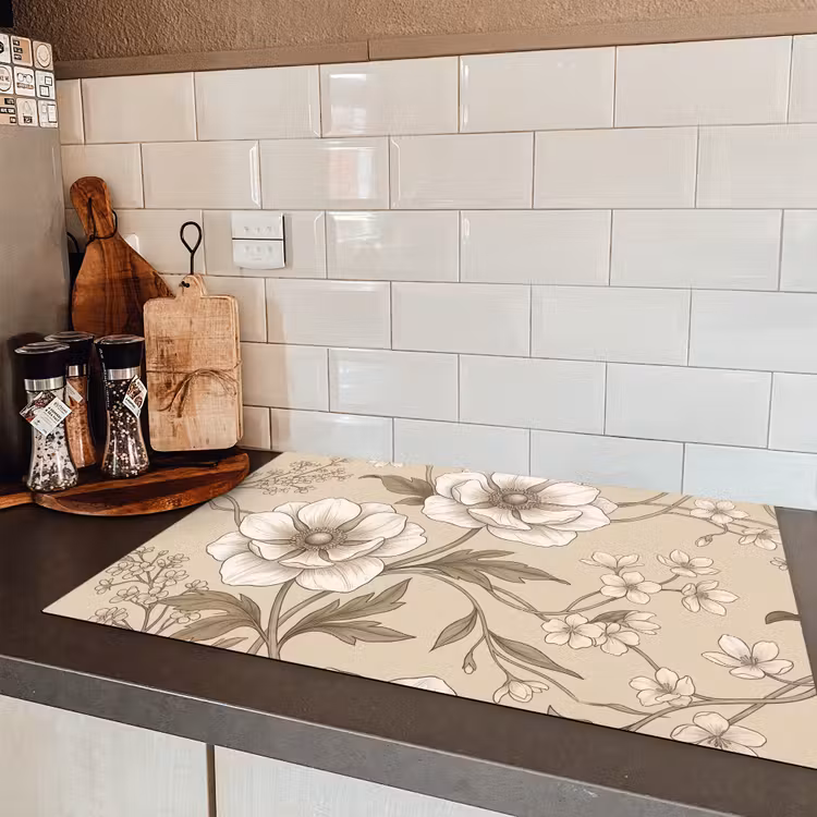 Bloemen - Patroon - Beige Inductie beschermer vinyl 3mm klein -sfeer3