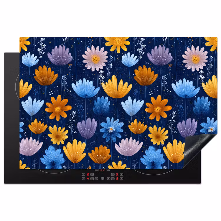 Bloemen - Patroon - Blauw - Contrast Inductie beschermer vinyl 3mm klein -3d