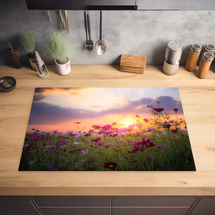 Bloemen - Roze - Zonsondergang - Natuur - Weide - Horizon Inductie beschermer vinyl 3mm klein -sfeer5