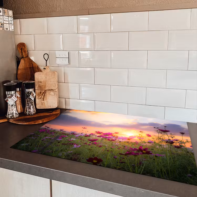 Bloemen - Roze - Zonsondergang - Natuur - Weide - Horizon Inductie beschermer vinyl 3mm klein -sfeer3