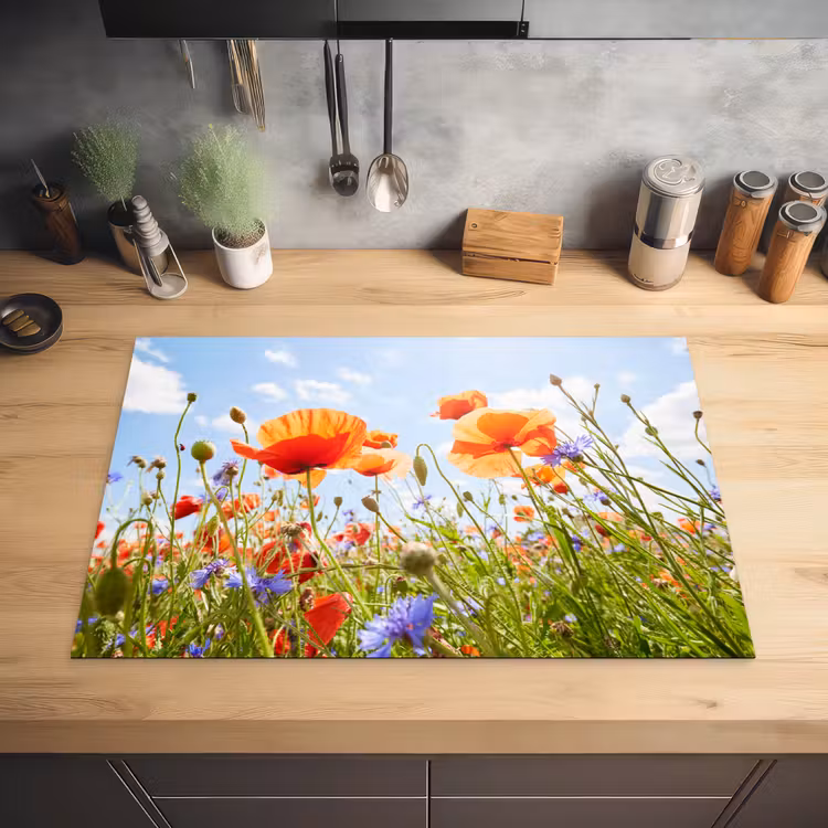 Bloemen - Klaproos - Lente - Natuur - Rood - Blauw Inductie beschermer vinyl 3mm klein -sfeer5